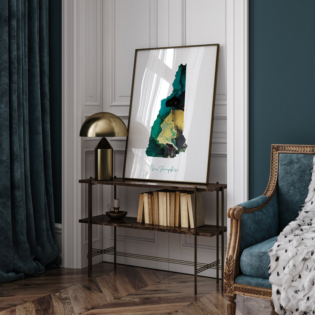 New Hampshire Map Emerald Green and Gold Wall Art Print | US State | USA | United States of America