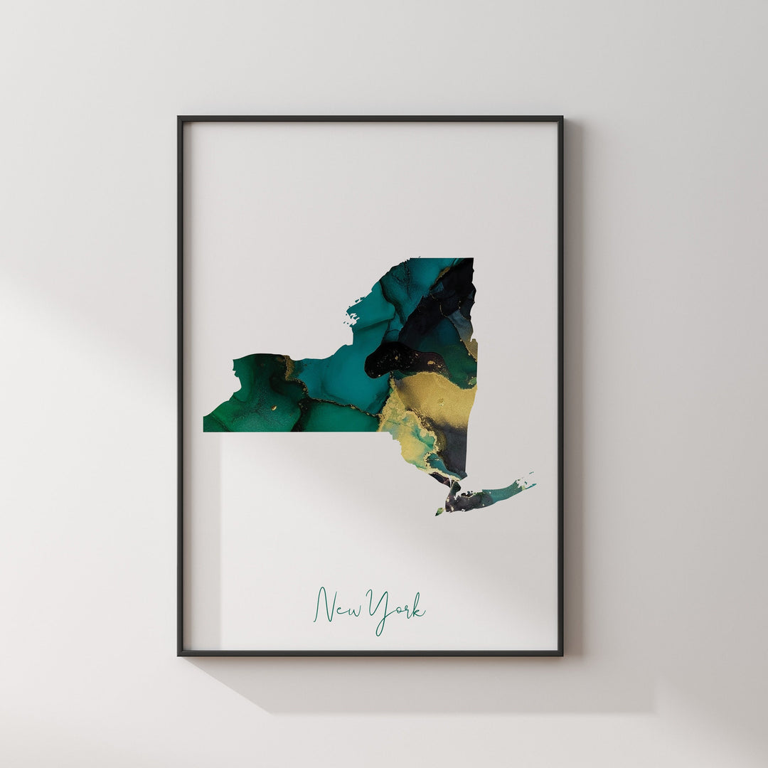 New York Map Emerald Green and Gold Wall Art Print | US State | USA | United States of America