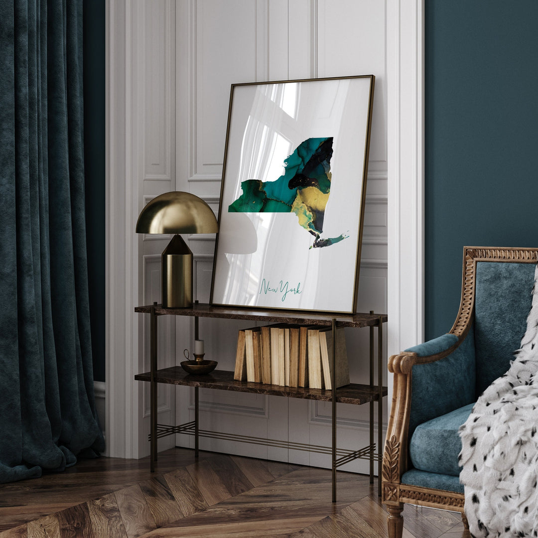 New York Map Emerald Green and Gold Wall Art Print | US State | USA | United States of America