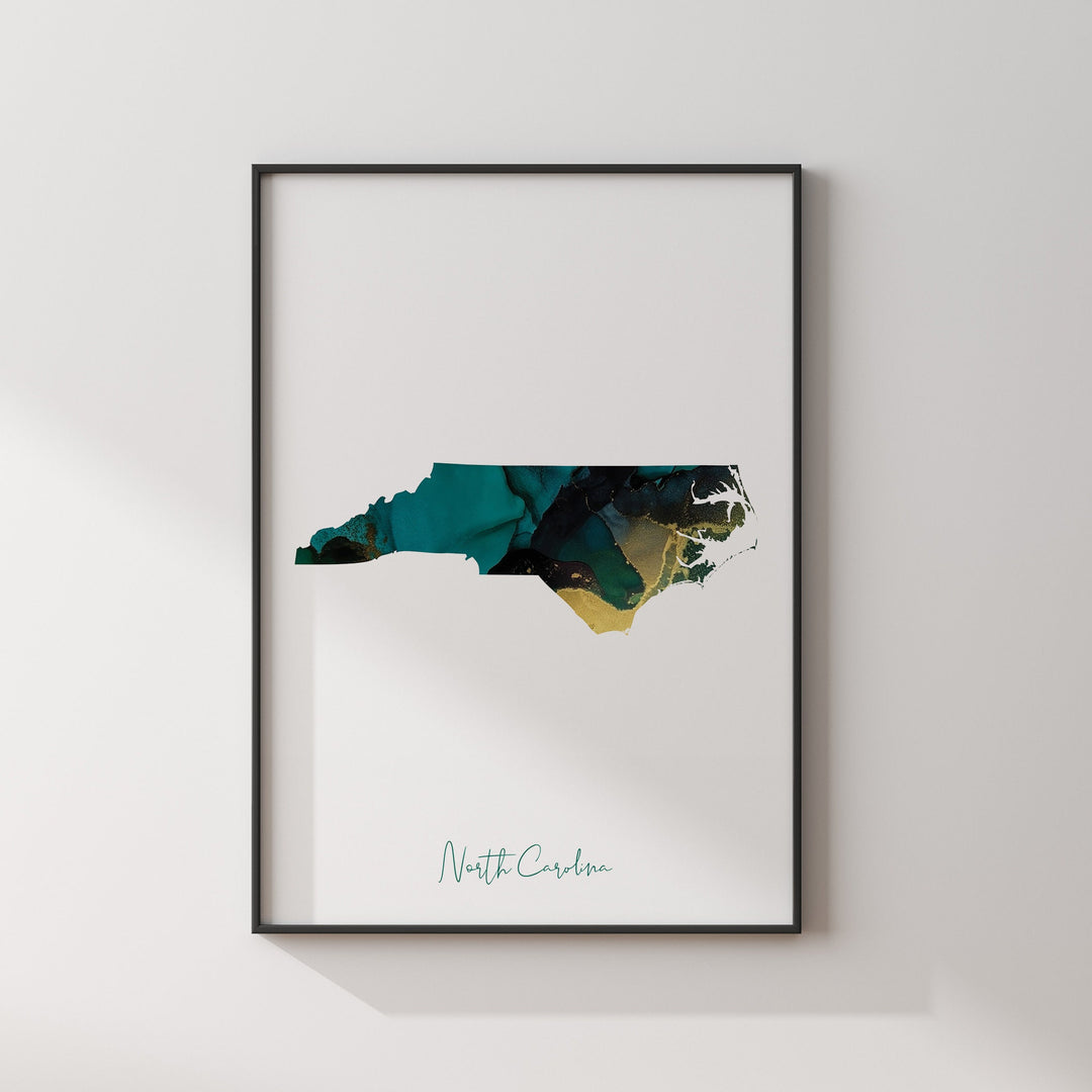 North Carolina Map Emerald Green and Gold Wall Art Print | US State | USA | United States of America