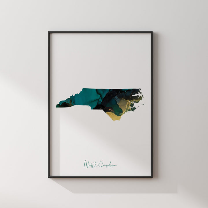 North Carolina Map Emerald Green and Gold Wall Art Print | US State | USA | United States of America