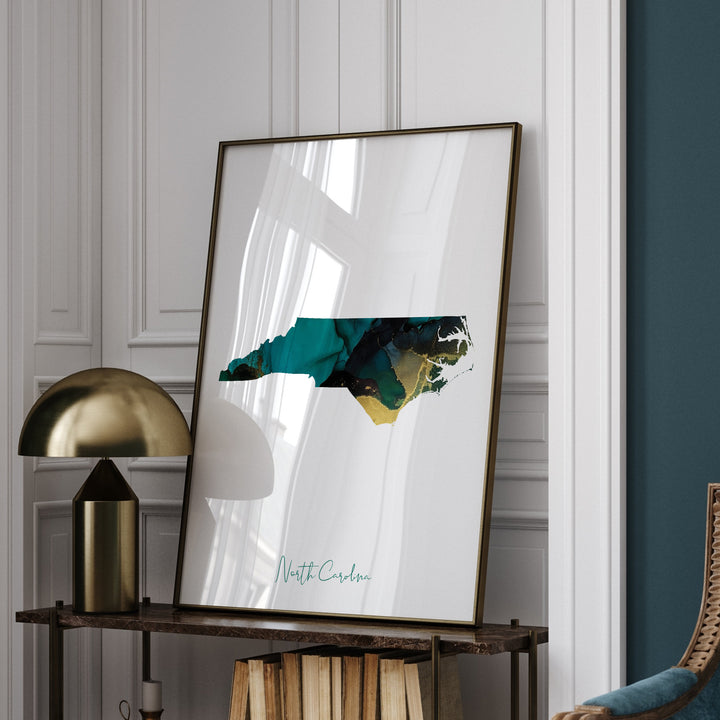North Carolina Map Emerald Green and Gold Wall Art Print | US State | USA | United States of America