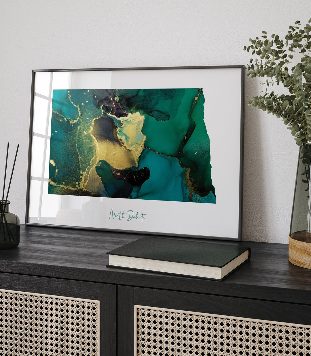 North Dakota Map Emerald Green and Gold Wall Art Print | US State | USA | United States of America