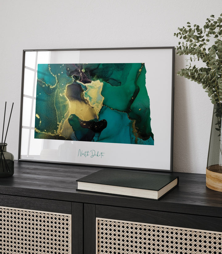 North Dakota Map Emerald Green and Gold Wall Art Print | US State | USA | United States of America