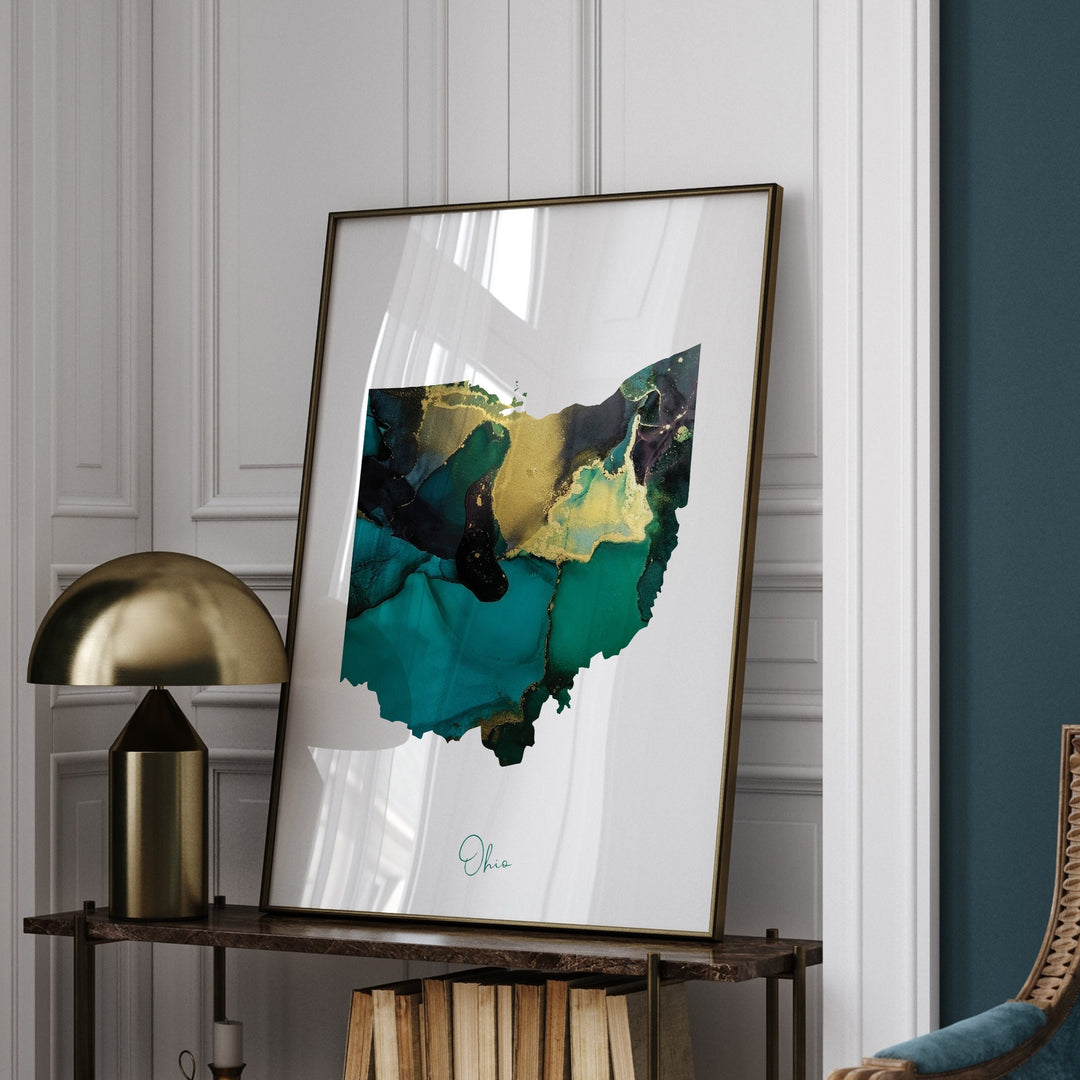 Ohio Map Emerald Green and Gold Wall Art Print | US State | USA | United States of America
