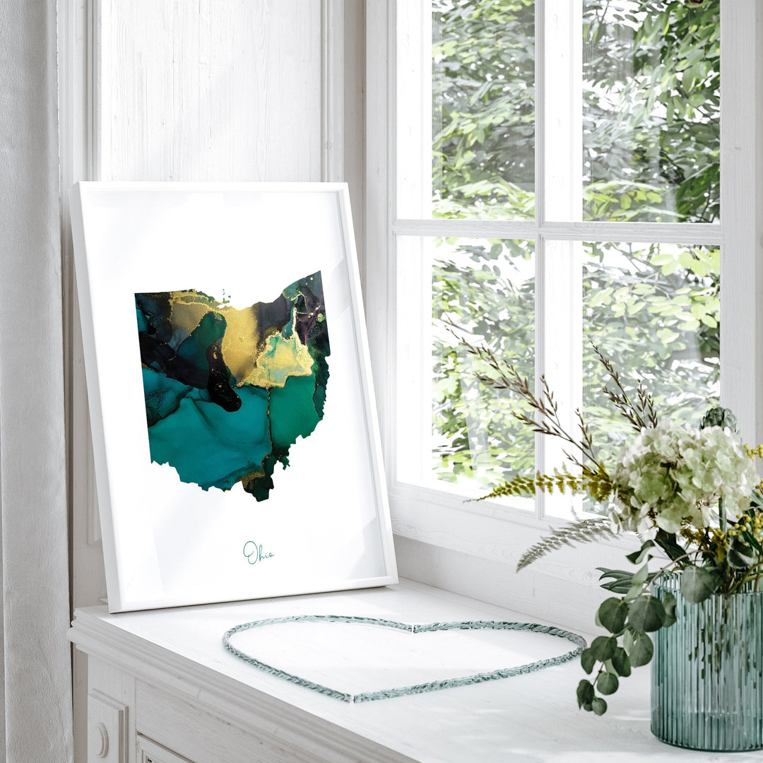 Ohio Map Emerald Green and Gold Wall Art Print | US State | USA | United States of America