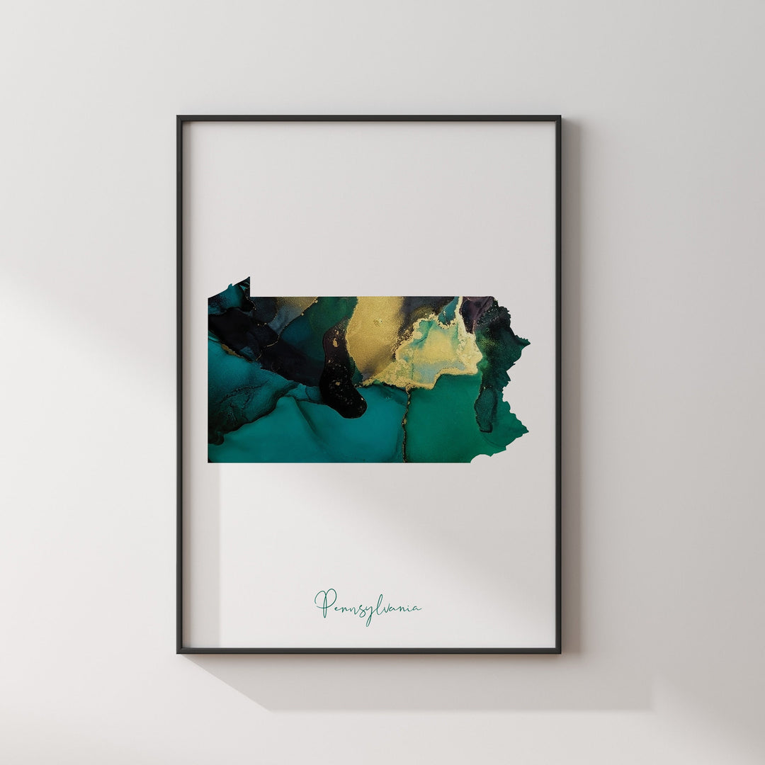 Pennsylvania Map Emerald Green and Gold Wall Art Print | US State | USA | United States of America