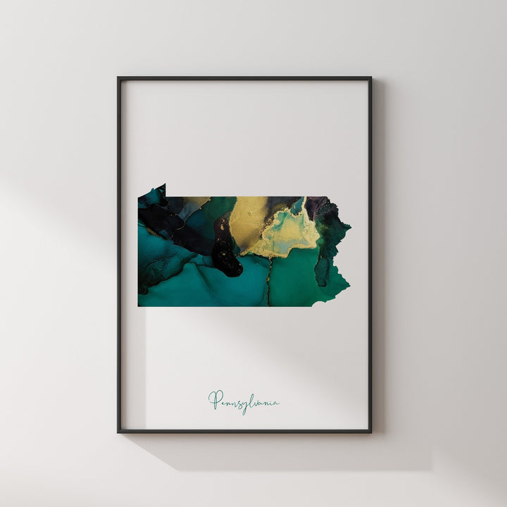 Pennsylvania Map Emerald Green and Gold Wall Art Print | US State | USA | United States of America