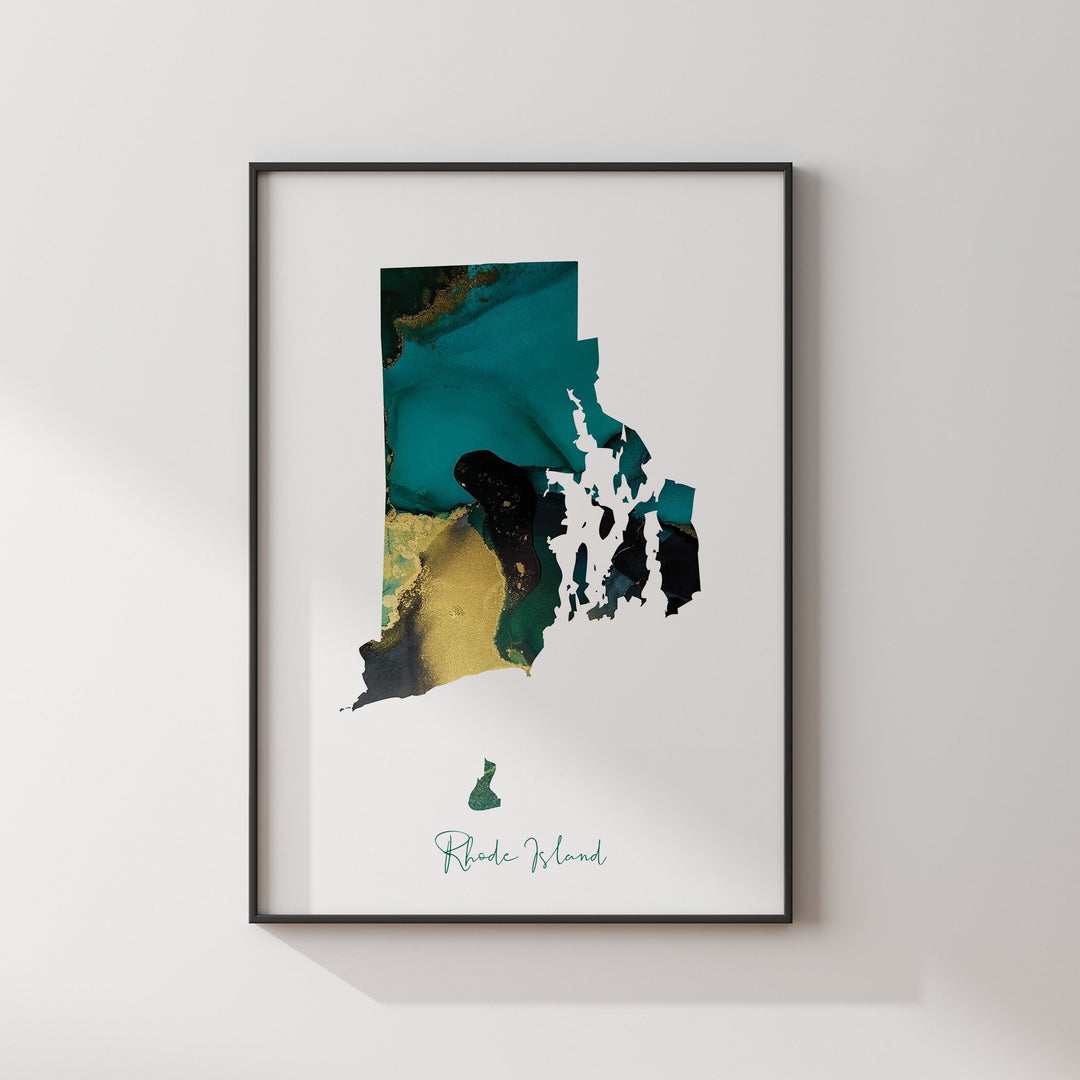 Rhode Island Map Emerald Green and Gold Wall Art Print | US State | USA | United States of America