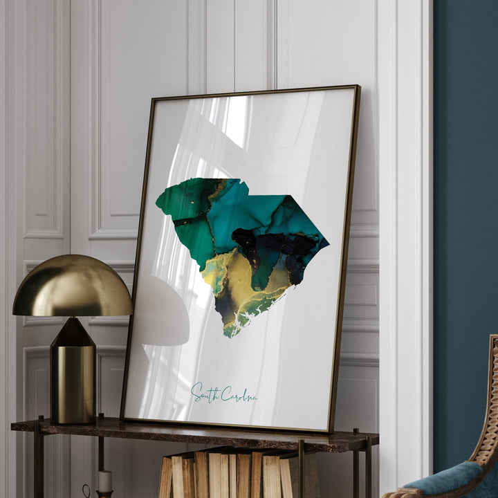 South Carolina Map Emerald Green and Gold Wall Art Print | US State | USA | United States of America