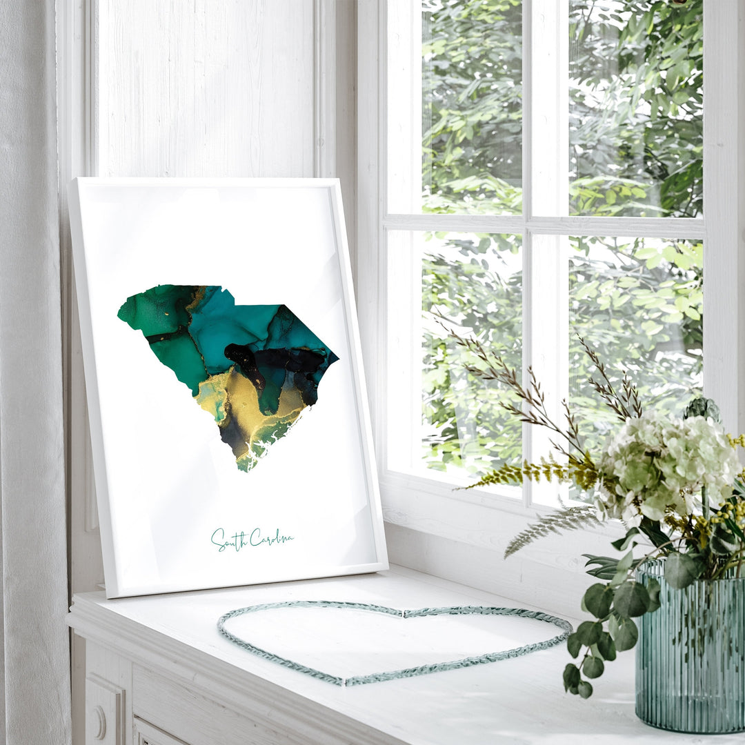 South Carolina Map Emerald Green and Gold Wall Art Print | US State | USA | United States of America