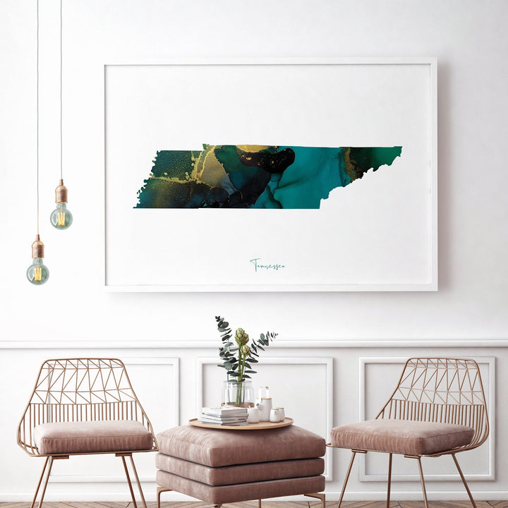 Tennessee Map Emerald Green and Gold Wall Art Print | US State | USA | United States of America