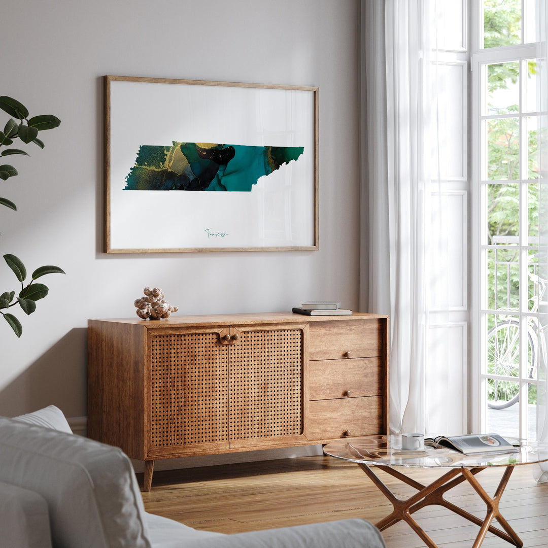 Tennessee Map Emerald Green and Gold Wall Art Print | US State | USA | United States of America