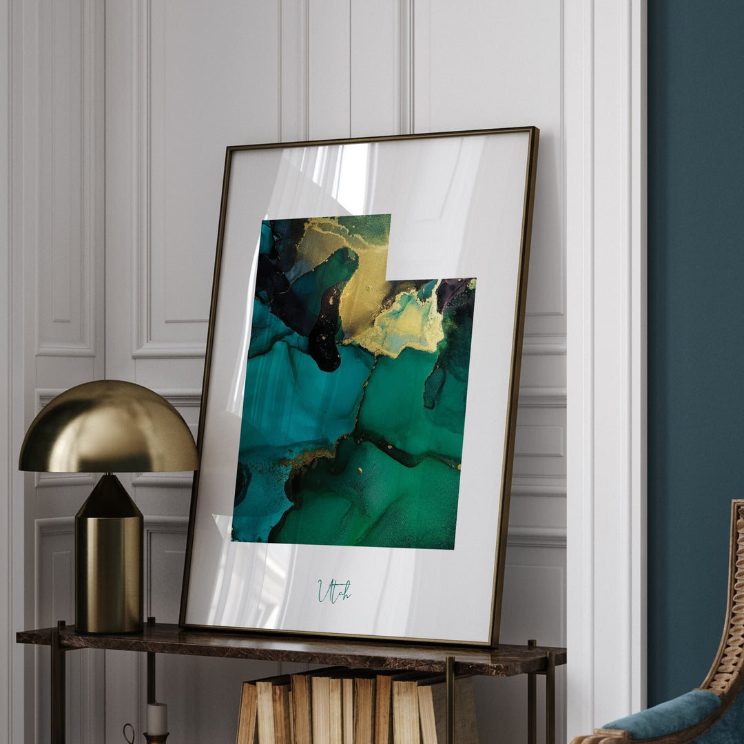 Utah Map Emerald Green and Gold Wall Art Print | US State | USA | United States of America