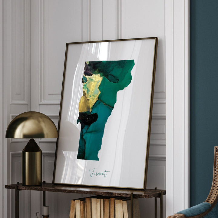 Vermont Map Emerald Green and Gold Wall Art Print | US State | USA | United States of America
