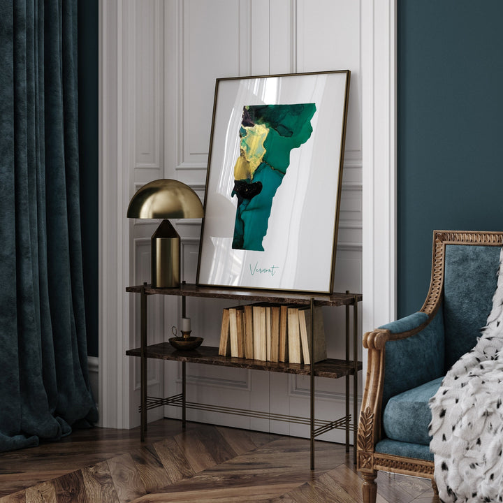 Vermont Map Emerald Green and Gold Wall Art Print | US State | USA | United States of America