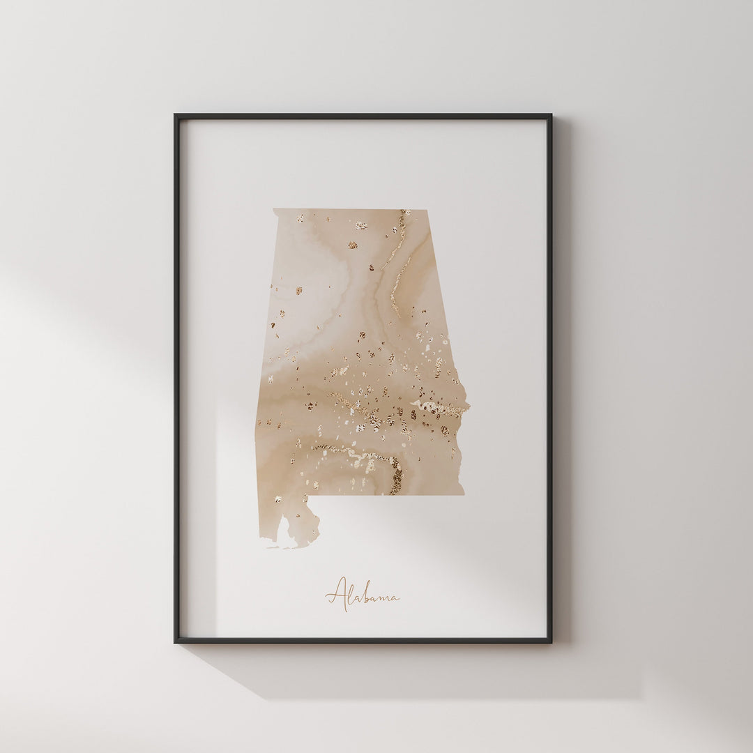 Alabama Map Beige & Gold Wall Art Print | US State | USA | United States of America