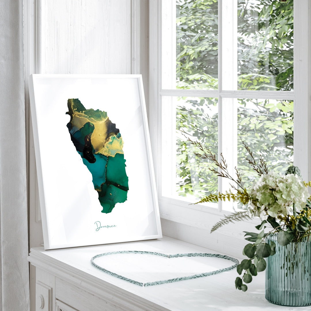 Dominica Map Emerald Green and Gold Wall Art Print