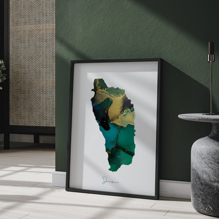 Dominica Map Emerald Green and Gold Wall Art Print