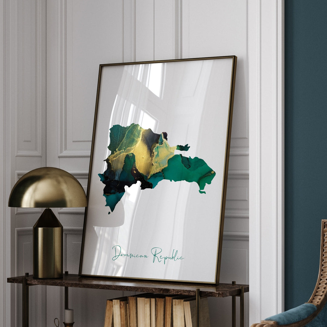 Dominican Republic Map Emerald Green and Gold Wall Art Print