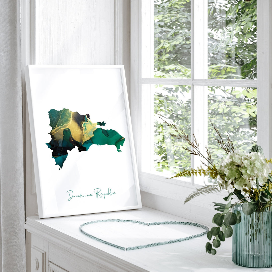 Dominican Republic Map Emerald Green and Gold Wall Art Print