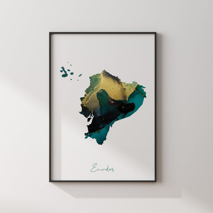 Ecuador Map Emerald Green and Gold Wall Art Print