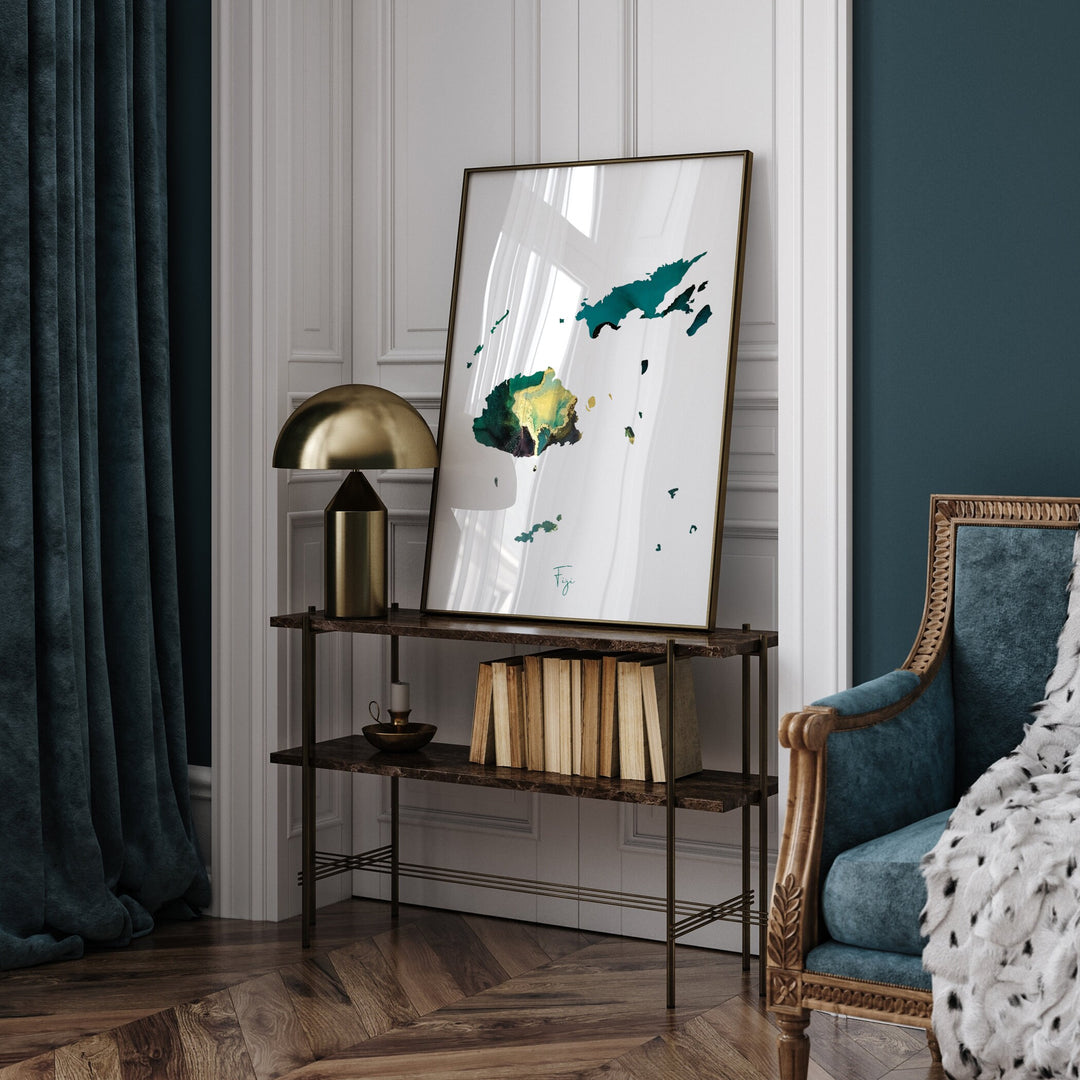 Fiji Map Emerald Green and Gold Wall Art Print
