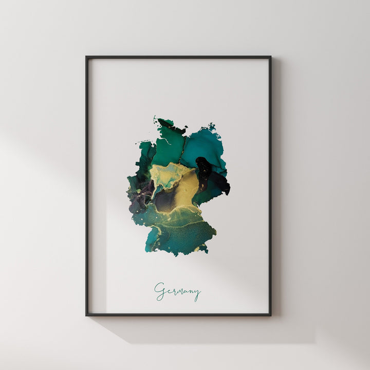 Germany Map Emerald Green and Gold Wall Art Print