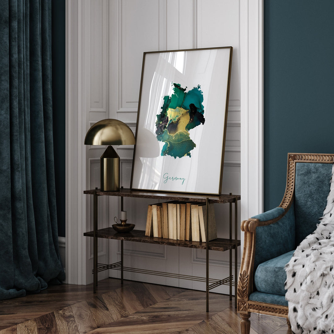 Germany Map Emerald Green and Gold Wall Art Print