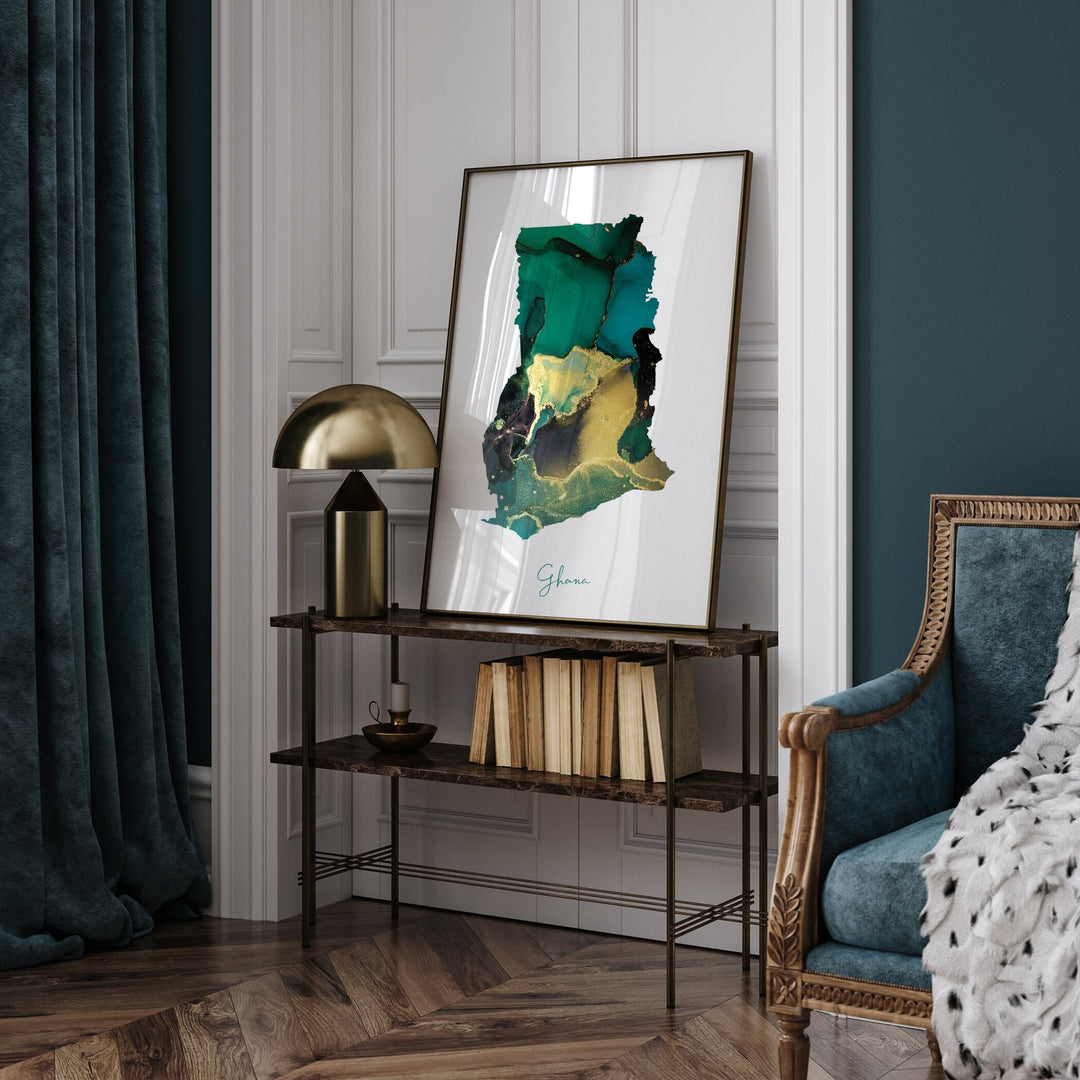 Ghana Map Emerald Green and Gold Wall Art Print