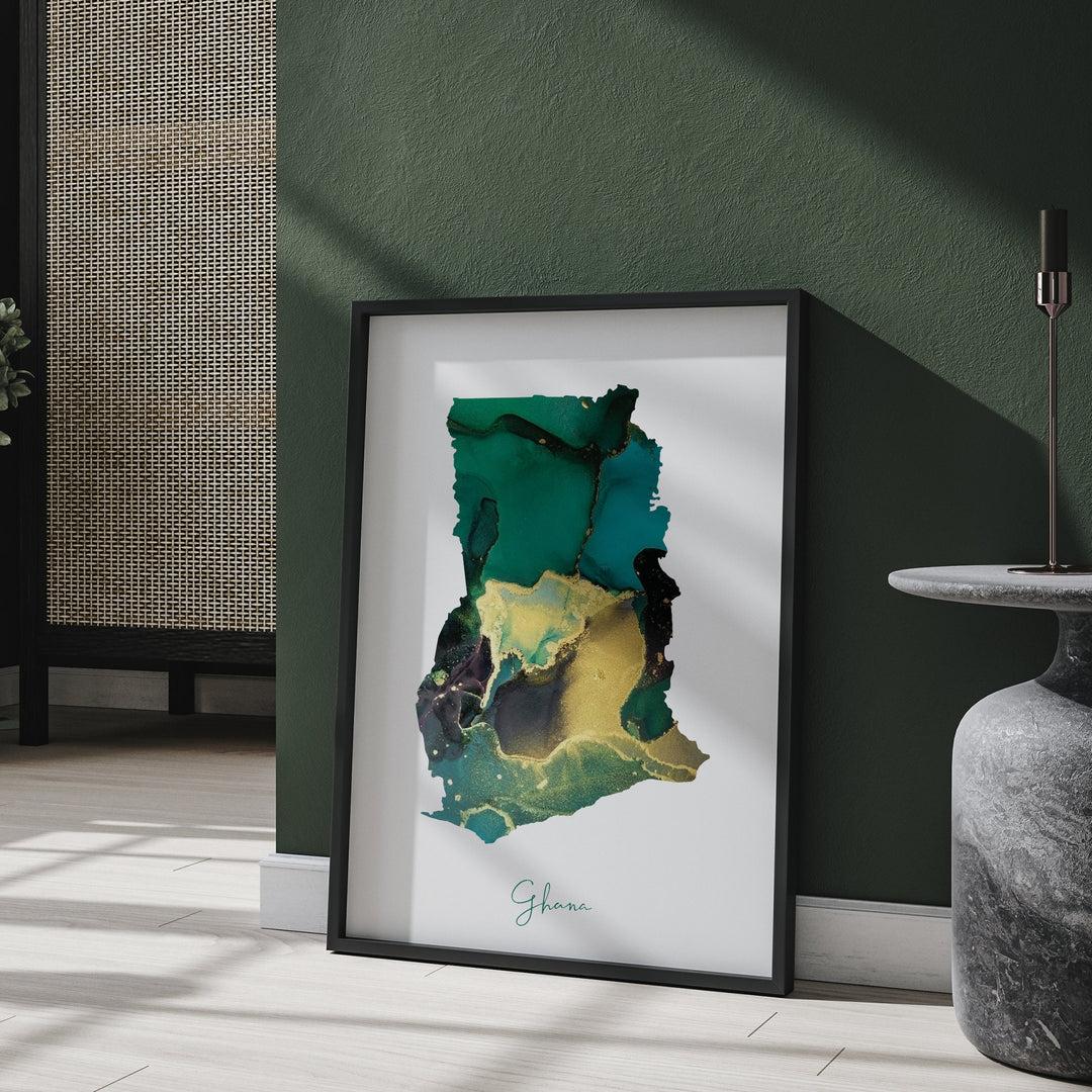 Ghana Map Emerald Green and Gold Wall Art Print