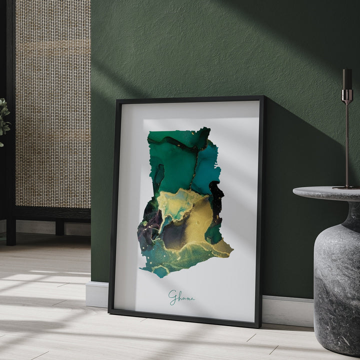 Ghana Map Emerald Green and Gold Wall Art Print