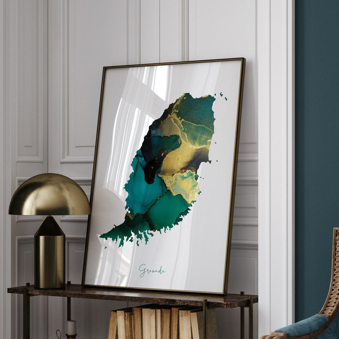 Grenada Map Emerald Green and Gold Wall Art Print