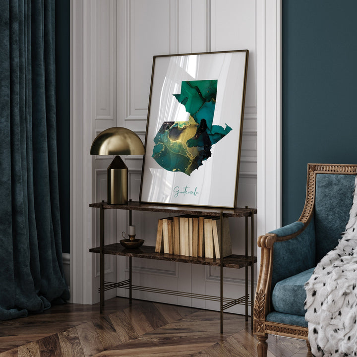 Guatemala Map Emerald Green and Gold Wall Art Print