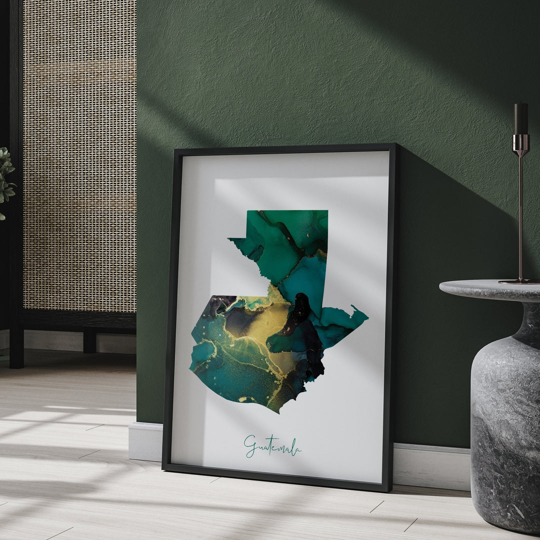 Guatemala Map Emerald Green and Gold Wall Art Print