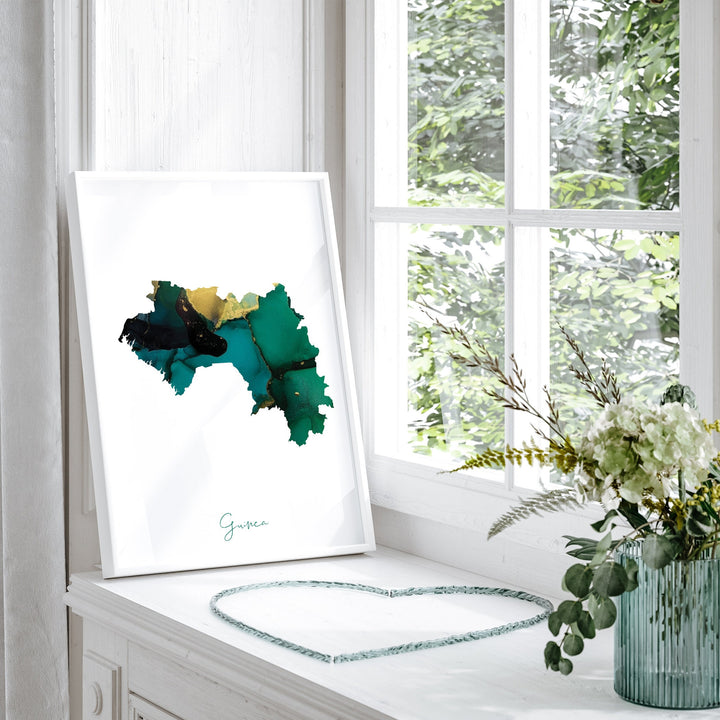 Guinea Map Emerald Green and Gold Wall Art Print