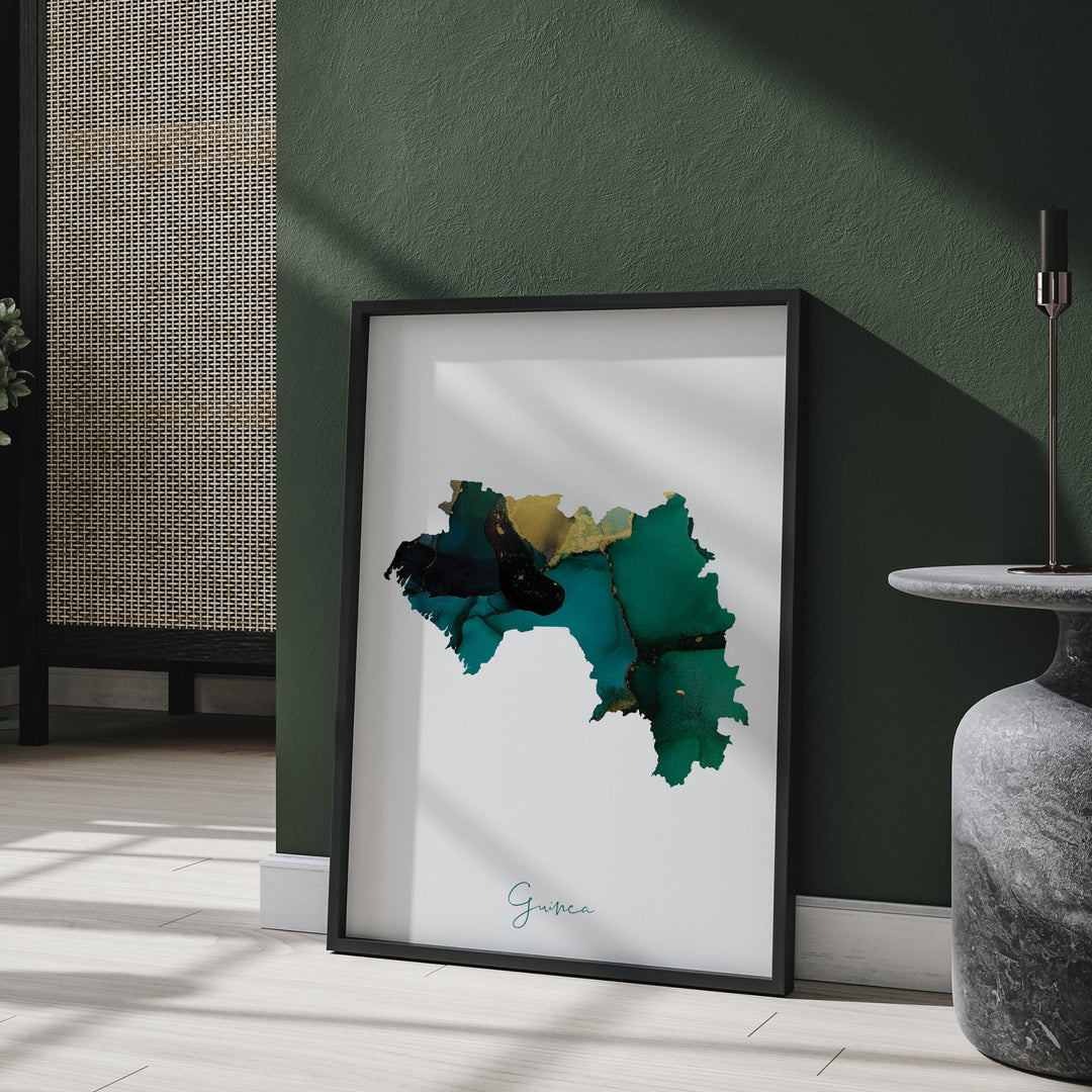 Guinea Map Emerald Green and Gold Wall Art Print