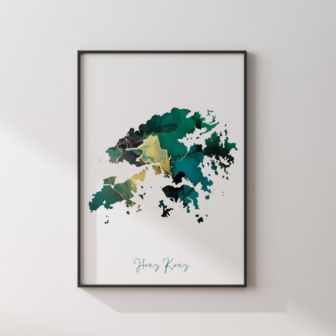 Hong Kong Map Emerald Green and Gold Wall Art Print