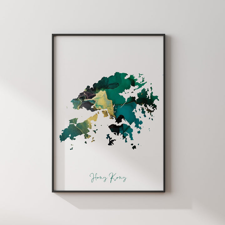 Hong Kong Map Emerald Green and Gold Wall Art Print
