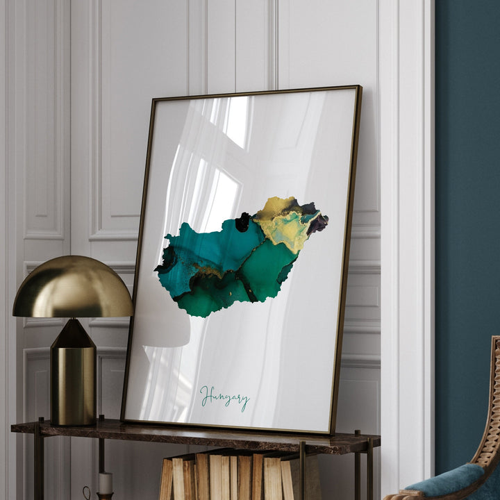 Hungary Map Emerald Green and Gold Wall Art Print