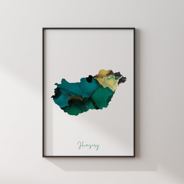 Hungary Map Emerald Green and Gold Wall Art Print