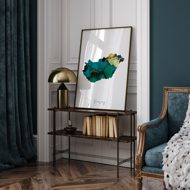 Hungary Map Emerald Green and Gold Wall Art Print