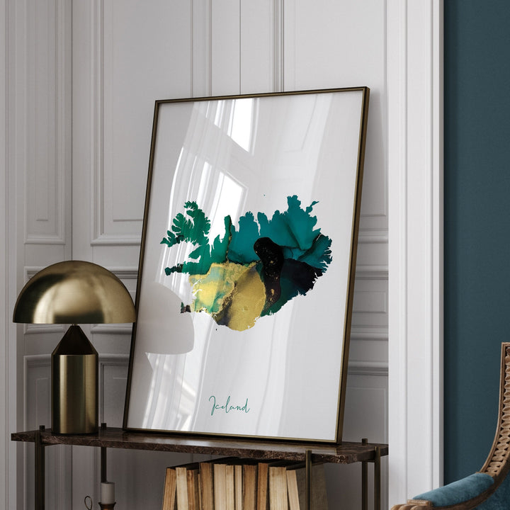 Iceland Map Emerald Green and Gold Wall Art Print