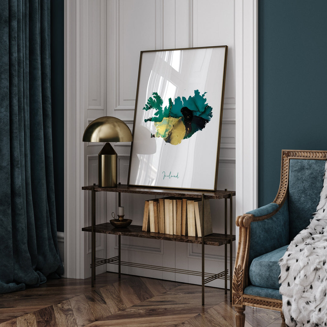 Iceland Map Emerald Green and Gold Wall Art Print