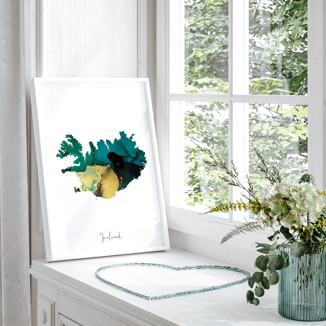 Iceland Map Emerald Green and Gold Wall Art Print
