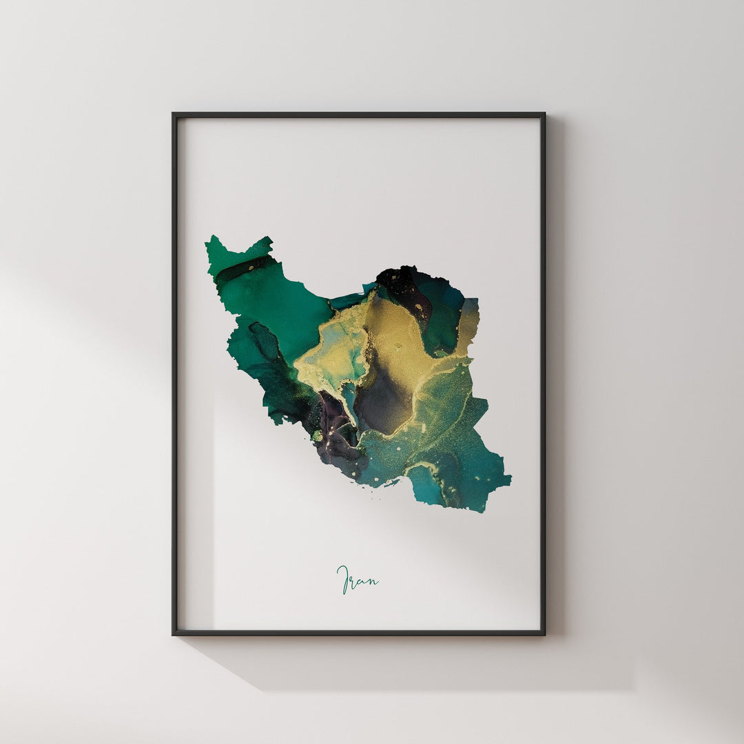 Iran Map Emerald Green and Gold Wall Art Print
