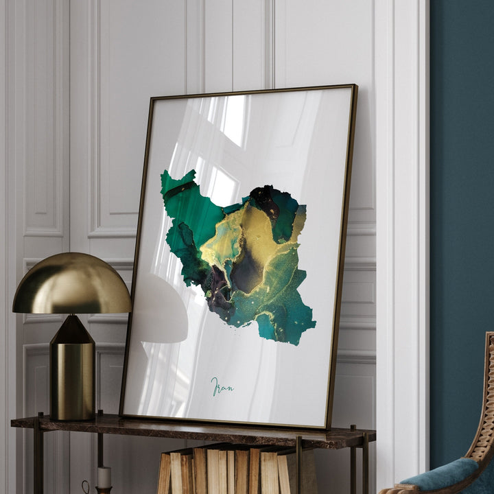 Iran Map Emerald Green and Gold Wall Art Print