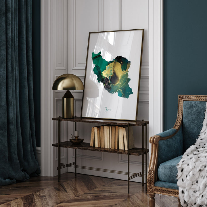Iran Map Emerald Green and Gold Wall Art Print