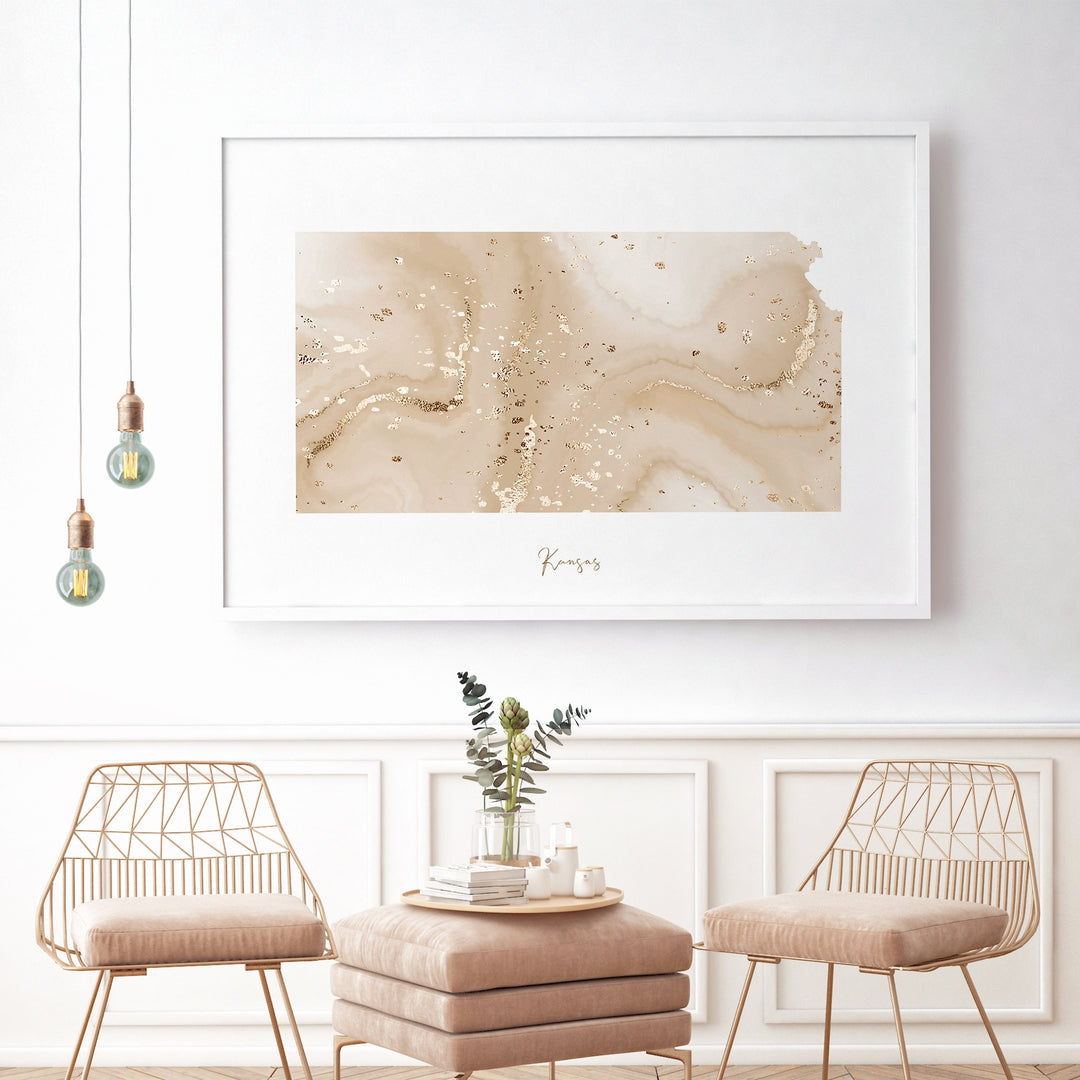 Kansas Map Beige & Gold Wall Art Print | US State | USA | United States of America