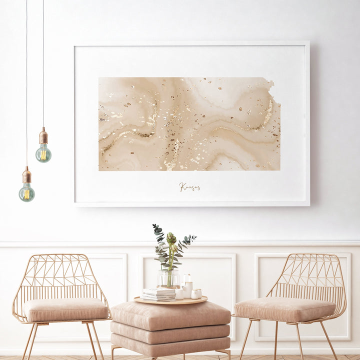 Kansas Map Beige & Gold Wall Art Print | US State | USA | United States of America